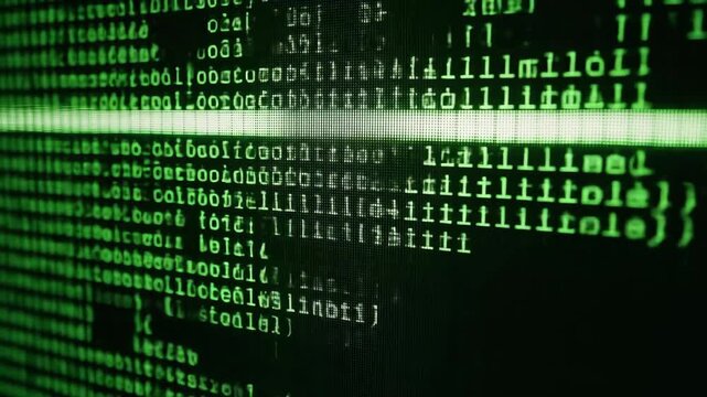 Green flickering scrolling computer code on screen. Digital data stream on a monitor displaying abstract programming language for technology footage.