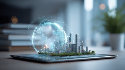 Digital Cityscape on Tablet: Futuristic Urban Planning and Technology Integration Concept for Smart City Development