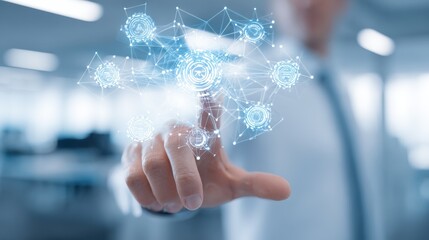 Businessman Interacting with Digital Network Interface Representing Futuristic Technology and Connectivity, Innovation and Development