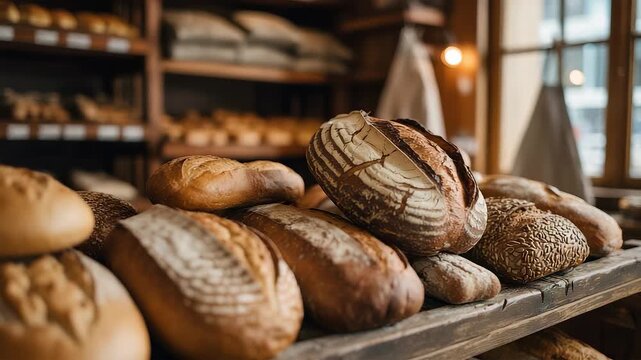 Freshly baked artisan bread loaves displayed on a wooden counter in a rustic bakery interior with shelves full of assorted bread varieties

