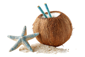 Tropical coconut drink with starfish and sand isolated on transparent background
