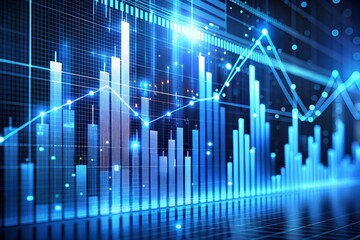 Abstract Blue Financial Chart Data Visualization with Rising Trend Lines and Bars