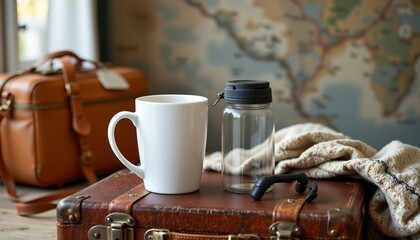 modern travel mug mockup with suitcase, travel theme