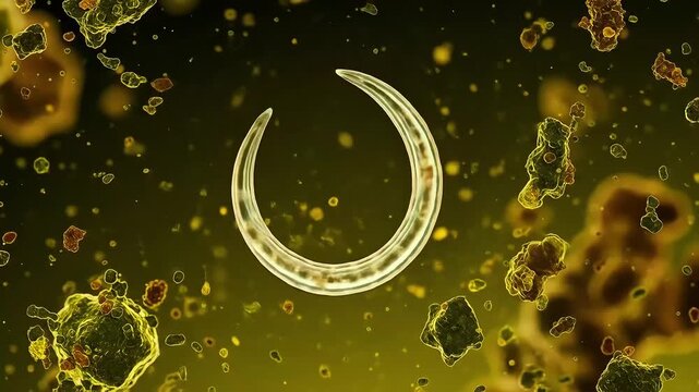 Microscopic tapeworm parasite moving in organic fluid. 4K Video