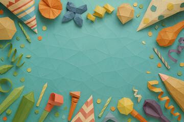 Colorful origami party decorations background with paper hats confetti streamers and geometric shapes leaving central space for custom celebration text