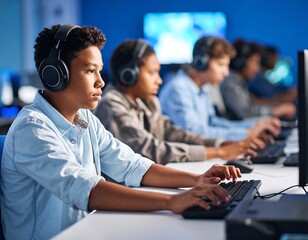 Students in a computer lab, focused on their keyboards, wearing headphones