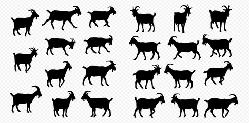 A collection of black goat silhouettes, showcasing various poses like standing, walking, and grazing on a transparent background.