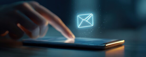 The smartphone displaying a holographic email icon with a finger touching the screen.