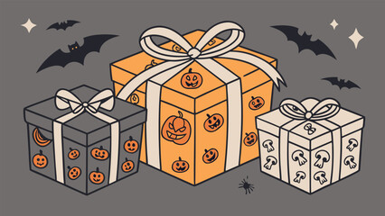 Whimsical halloween gift boxes featuring pumpkins bats and spooky mushrooms for a festive celebration