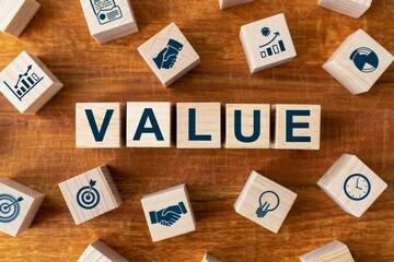 Understanding core values wooden blocks concept for business success and growth plan