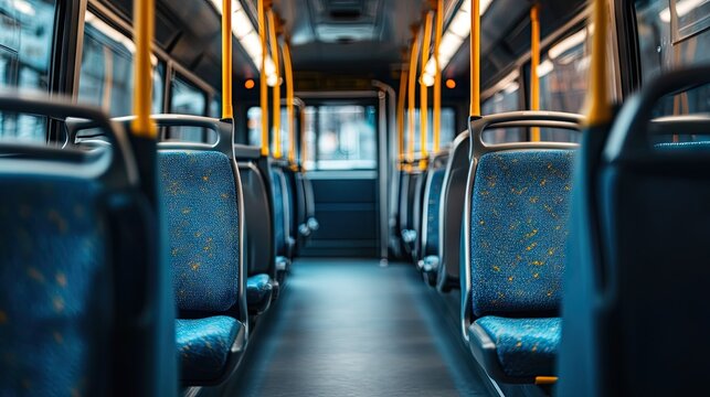 Clean bus interior with freshly upholstered empty seats, aisle view stretching toward the front, ready for passengers