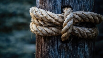 Fototapeta premium Close-up of a thick rope securely tied around a weathered wooden pole, showing texture and tension in natural lighting
