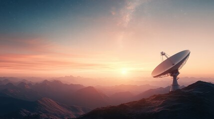 Satellite dish on rocky peak observing starry sky during sunrise over vast mountain range