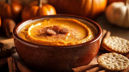Creamy pumpkin dip served with cinnamon-sugar crackers. .