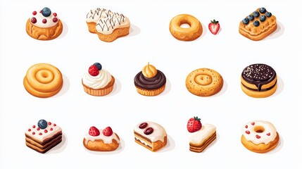 Delicious assortment of desserts including donuts, cupcakes, and pastries on a clean white background for a sweet treat presentation