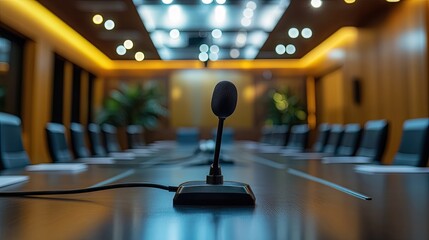 Focused shot of a black gooseneck conference microphone on a meeting table in a well-lit corporate seminar room