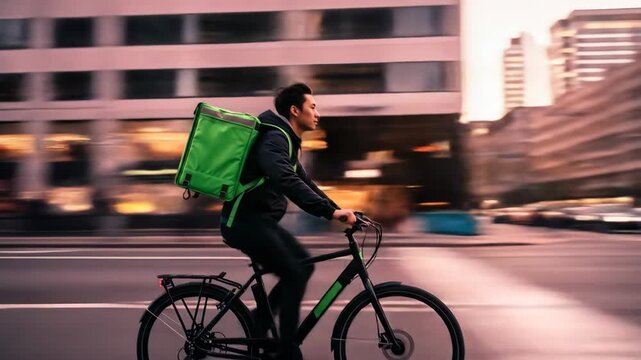 An asian man delivering food by bicycle in a blurred city at different times of day, illustrating urban delivery speed footage.