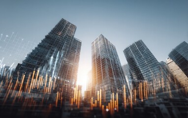 Urban skyline, financial data overlay.  Modern skyscrapers seen from street level,  with superimposed financial charts and graphs.  Sunrise or sunset light
