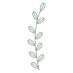 Green Leaf with Small Line Decorations in Flat Hand Drawn Style. Cartoon branch with tiny leaves isolated on white background perfect for invitations, cards, posters, holidays, print, web.