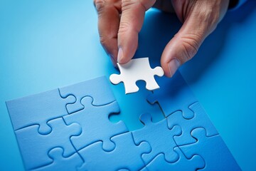 Solving puzzle concept hand placing piece jigsaw connection teamwork strategy game