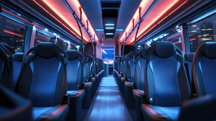 Naklejka premium Interior of a brand-new bus showing rows of empty, clean seats under soft lighting, highlighting modern travel comfort