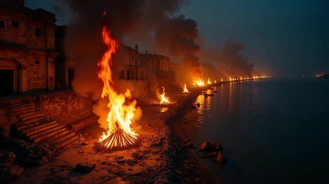 Varanasi ghat fires illuminate spiritual release and ancient riverfront, smoke rising with sacred energy in this powerful 4k drone footage.