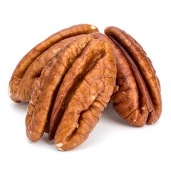 Three shelled pecans, close-up, isolated on white