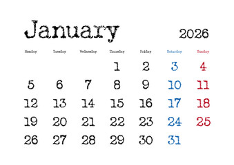 2026年1月のタイプライター文字カレンダー 月曜始まり 日本の祝日表記無し