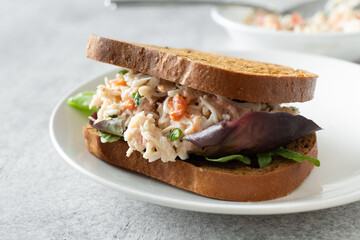 A view of a king crab salad gluten-free sandwich.