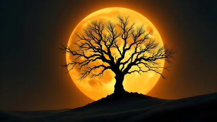 Silhouette of a bare tree against a large yellow moon in a dark and moody landscape scene