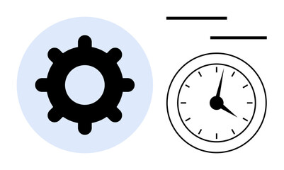 Large black gear next to an analog clock with tick marks and hands. Ideal for productivity, time management, efficiency, workflow, planning, scheduling, process management. Simple flat metaphor
