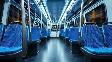 Neat and tidy interior of a new public transport bus with empty blue seats and a clean floor