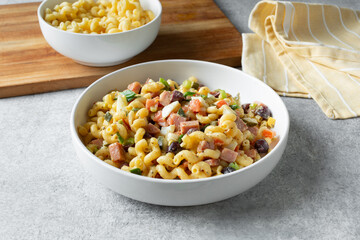 A view of a gluten-free cavatappi pasta salad.