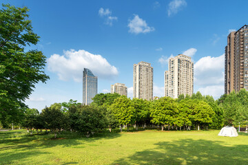 Fototapeta premium city park with modern building background in shanghai