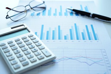 Analyzing financial data with calculator pen and glasses for business success