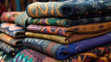 Pile of vibrant fabrics with detailed geometric motifs stacked on top of each other, capturing cultural craftsmanship