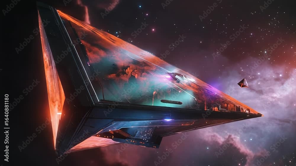 Sticker giant triangular spaceship exploring a nebula with pink and orange clouds