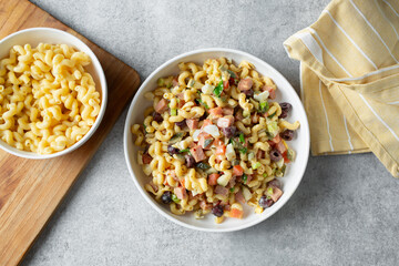 A top down view of a gluten-free cavatappi pasta salad.