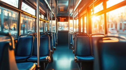 Naklejka premium Pristine city bus interior with empty fabric seats, wide aisle, and sunlight streaming through the windows