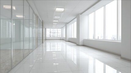 Fototapeta premium Bright Modern Office Interior with Glass Walls, White Floors and Large Windows Offering Natural Light