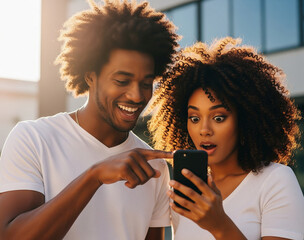 A woman looks shocked seeing something on the phone with a man.