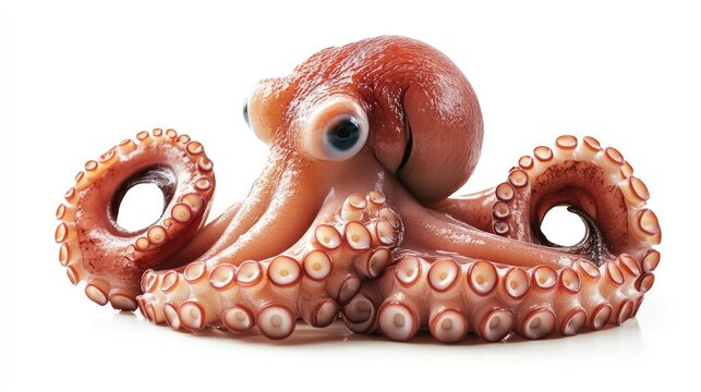Raw octopus with curled arms and moist texture, centered on white background with clear space for text or labels