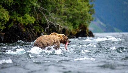 A brown bear, mouth gripping a salmon, wades through choppy water near a forested shoreline.