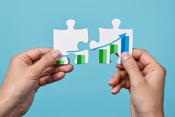 Hands holding puzzle pieces with business growth chart concept on blue background