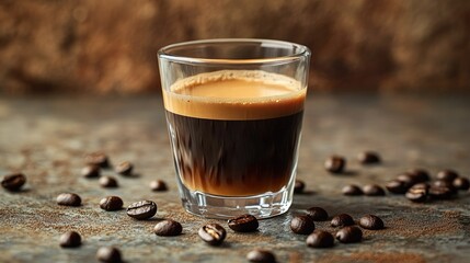 Side view of a coffee glass cup in a controlled studio environment, surrounded by subtle coffee beans on a textured surface