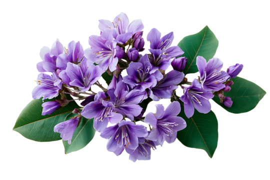 Purple and white petaled flowers with green leaves isolated on transparent background