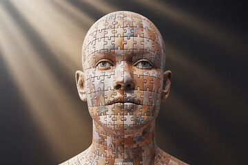Introspective portrait of a human head constructed entirely from puzzle pieces, evoking concepts of identity, complexity, and the search for self.