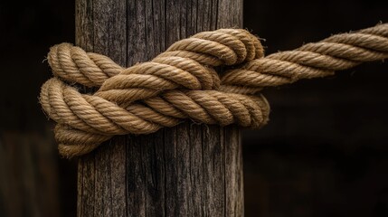 Studio shot of a coarse rope knotted tightly to a smooth wooden pole, highlighting contrast between materials