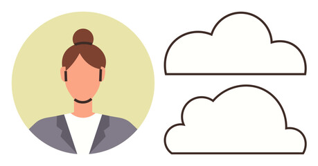 Businesswoman in blazer with two minimal cloud icons conveying collaboration, innovation, cloud computing, online storage, teamwork, technology, and creative thinking. Ideal for business, tech