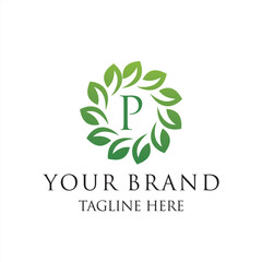 Initial letter P green leaves organic natural logo design, cosmetics and beauty vector icon concept